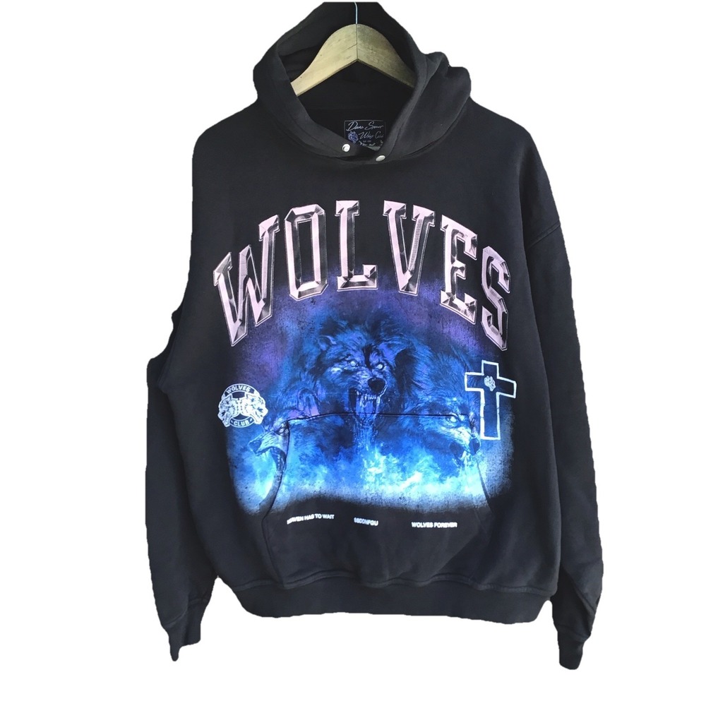 Darc Sport Wolves Club Graphic Hoodie Black Blue Oversized Men's Medium NWOT